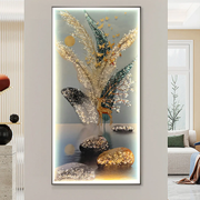 Crystal LED Glass Wall Painting – Golden Deer & Nature Scene (24×48 in, Embossed Diamond Work with Remote Light)