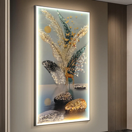 Crystal LED Glass Wall Painting – Golden Deer & Nature Scene (24×48 in, Embossed Diamond Work with Remote Light)