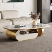 Modern Oval Marble-Top Coffee Table with Gold Base and Built-In Storage