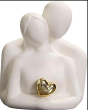 Ceramic Loving Couple Statue with Golden Heart – 9×7 inch | Home Decor Sculpture