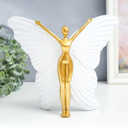 Butterfly Angel Sculpture Showpiece – 10x8 inch Approx | Golden & White Decorative Art Statue