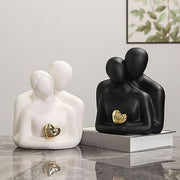 Ceramic Loving Couple Statue with Golden Heart – 9×7 inch | Home Decor Sculpture