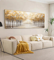 Golden Pathway of Trees - Handmade Canvas Painting (120×60 cm, Heavy Aluminum Frame)