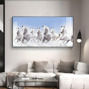 Majestic White Stallions PVC Crystal Glass Wall Painting – 42 × 20 Inches