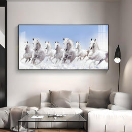 Majestic White Stallions PVC Crystal Glass Wall Painting – 42 × 20 Inches