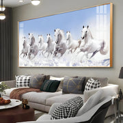 Majestic White Stallions PVC Crystal Glass Wall Painting – 42 × 20 Inches