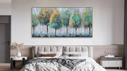 Aqua & Golden Textured Trees - Handmade Canvas Painting (120×60 cm, Heavy Aluminum Frame)