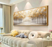 Golden Pathway of Trees - Handmade Canvas Painting (120×60 cm, Heavy Aluminum Frame)