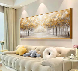 Golden Pathway of Trees - Handmade Canvas Painting (120×60 cm, Heavy Aluminum Frame)
