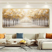 Golden Pathway of Trees - Handmade Canvas Painting (120×60 cm, Heavy Aluminum Frame)