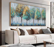 Aqua & Golden Textured Trees - Handmade Canvas Painting (120×60 cm, Heavy Aluminum Frame)