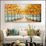 Golden Pathway Trees Canvas Painting (70×100 cm, Aluminum Frame)