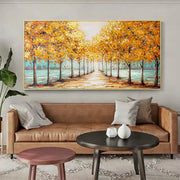 Golden Pathway Trees Canvas Painting (70×100 cm, Aluminum Frame)
