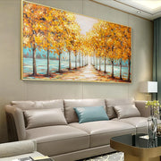 Golden Pathway Trees Canvas Painting (70×100 cm, Aluminum Frame)