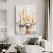 Golden Sailboats at Sea Handmade Canvas Painting (60×90 cm, Textured, Aluminum Frame)