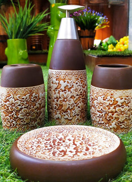 Brown Ceramic Emboss Bath Accessory Set (Set of 4)