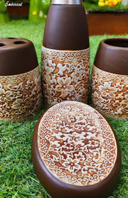 Brown Ceramic Emboss Bath Accessory Set (Set of 4)