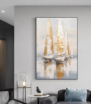 Golden Sailboats at Sea Handmade Canvas Painting (60×90 cm, Textured, Aluminum Frame)