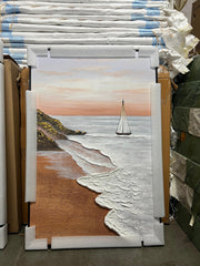 Sailboat by the Shore Canvas Painting (60×90 cm, Textured, Aluminum Frame)