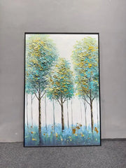 Tranquil Trees in Blue & Gold - Handmade Textured Canvas Painting (60×90 cm, Heavy Aluminum Frame)