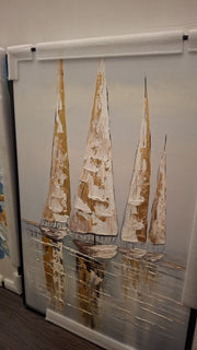 Golden Sailboats at Sea Handmade Canvas Painting (60×90 cm, Textured, Aluminum Frame)