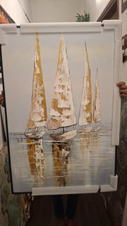 Golden Sailboats at Sea Handmade Canvas Painting (60×90 cm, Textured, Aluminum Frame)