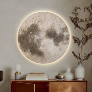 Round LED Glass Wall Painting – Textured Moon Design (32×32 in, Backlit with Remote Control)