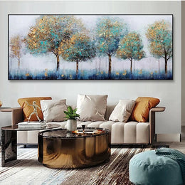 Aqua & Golden Textured Trees - Handmade Canvas Painting (120×60 cm, Heavy Aluminum Frame)