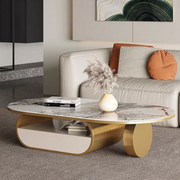 Modern Oval Marble-Top Coffee Table with Gold Base and Built-In Storage