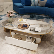 Modern Oval Marble-Top Coffee Table with Gold Base and Built-In Storage
