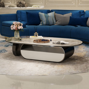 Modern Oval Marble-Top Coffee Table with Gold Base and Built-In Storage