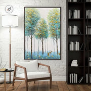Tranquil Trees in Blue & Gold - Handmade Textured Canvas Painting (60×90 cm, Heavy Aluminum Frame)