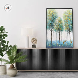 Tranquil Trees in Blue & Gold - Handmade Textured Canvas Painting (60×90 cm, Heavy Aluminum Frame)