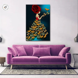 Fogies 3D Textured Handmade Canvas Painting – Lady in Rose & Butterflies (60×90 cm)