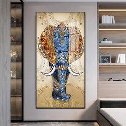 Elephant Jeweled Crystal LED Glass Wall Painting (24×48 in, Remote-Controlled Light)