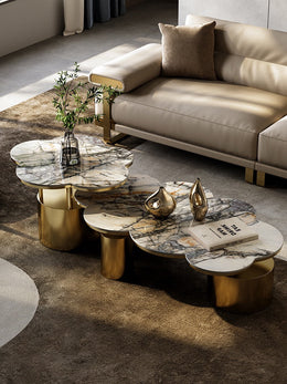 Modern Multi-Tier Coffee Table with Luxury Gold Cylindrical Base