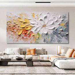Handmade 3D Embossed Canvas Painting – Colorful Floral burst bloom (100×50 cm) with Aluminum Frame