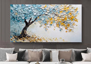 Bluish Tree Scattered Leaves Handmade Canvas Painting- Size (40*20inches)3.5*1.5ft