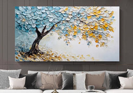 Bluish Tree Scattered Leaves Handmade Canvas Painting- Size (40*20inches)3.5*1.5ft