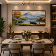 Golden Tree with Sailboats at Sea Handmade Canvas Painting (60×120 cm, Textured, Aluminum Frame)