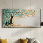 Bluish Trees Scattered leaves  - Handmade Canvas Painting (100×50 cm), Heavy Aluminum Frame)