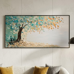 Bluish Trees Scattered leaves  - Handmade Canvas Painting (100×50 cm), Heavy Aluminum Frame)