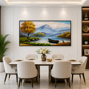 Golden Tree with Sailboats at Sea Handmade Canvas Painting (60×120 cm, Textured, Aluminum Frame)