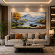 Golden Tree with Sailboats at Sea Handmade Canvas Painting (60×120 cm, Textured, Aluminum Frame)