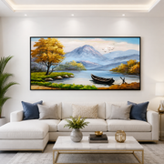 Golden Tree with Sailboats at Sea Handmade Canvas Painting (60×120 cm, Textured, Aluminum Frame)