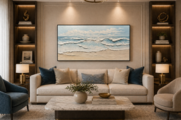 Elegant Coastal Lounge with Warm Tones  - Handmade Canvas Painting (100×50 cm), Heavy Aluminum Frame)