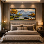 Golden Tree with Sailboats at Sea Handmade Canvas Painting (60×120 cm, Textured, Aluminum Frame)
