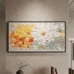 Handmade 3D Embossed Canvas Painting – Colorful Floral burst bloom (100×50 cm) with Aluminum Frame