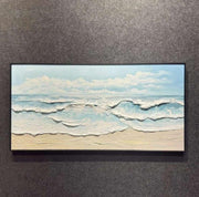 Elegant Coastal Lounge with Warm Tones  - Handmade Canvas Painting (100×50 cm), Heavy Aluminum Frame)