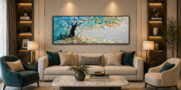 Bluish Tree Scattered Leaves Handmade Canvas Painting- Size (40*20inches)3.5*1.5ft